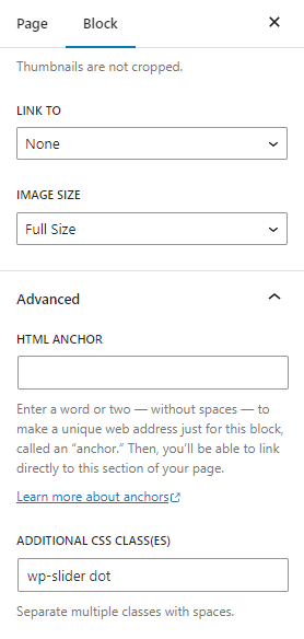 Gallery block settings for making image slider
