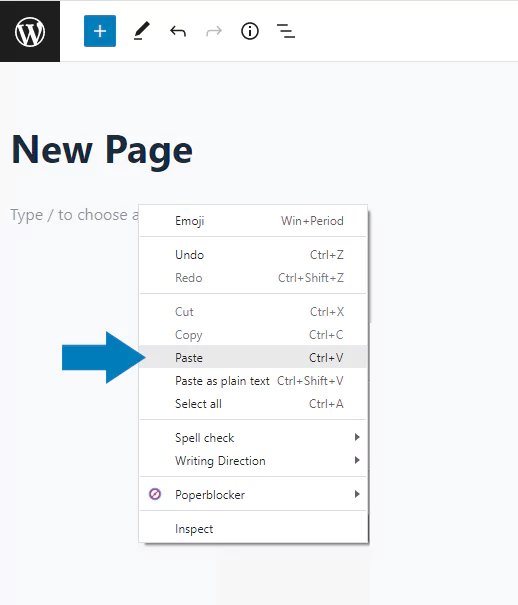 paste content the new WordPress page