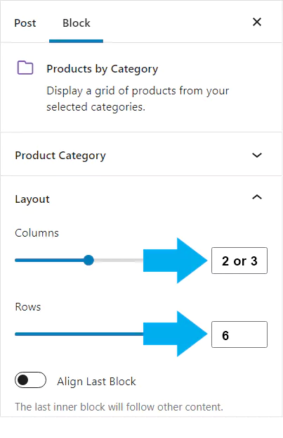 Product by category Woocommerce block setting