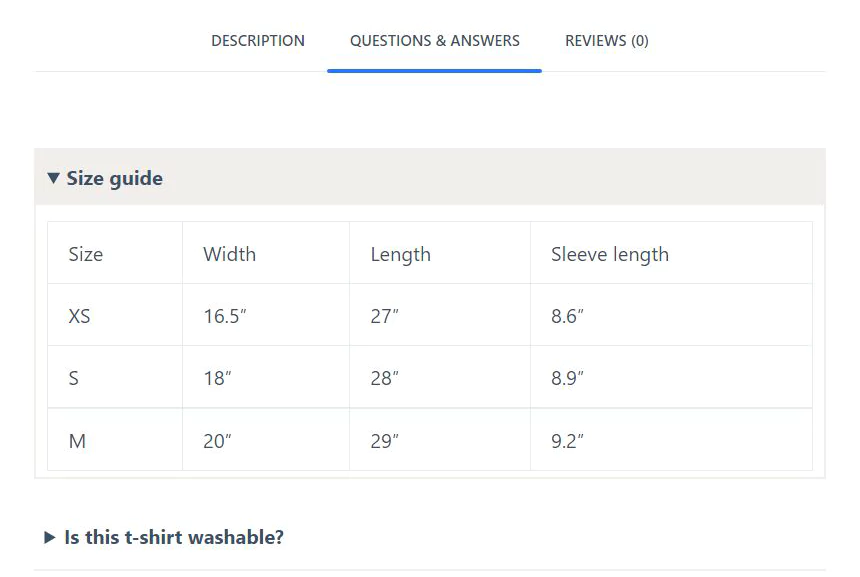 T-shirt size selection guide in the new tab of the product page