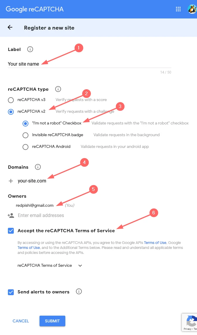  Register your website on the reCAPTCHA admin console