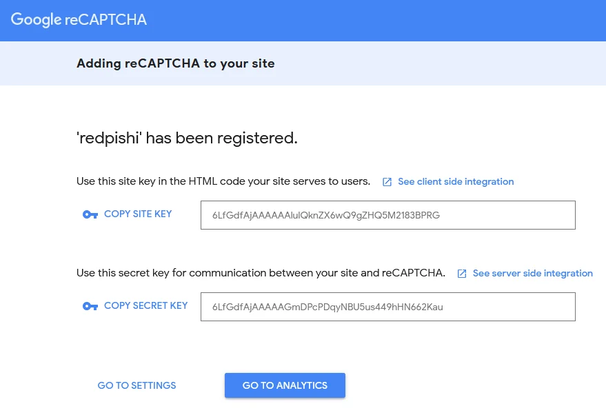 site key and secret key for google reCAPTCHA
