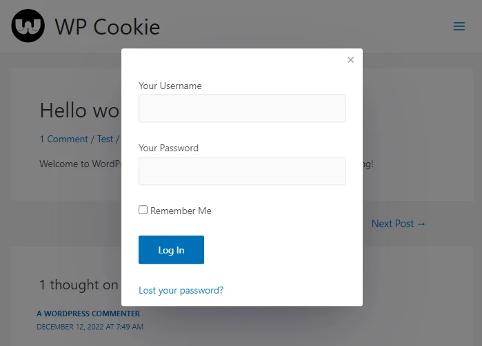 login popup created without plugins for WordPress