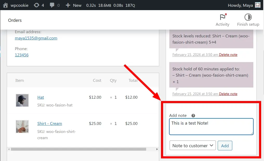 Add order note to WooCommerce order tracker page1