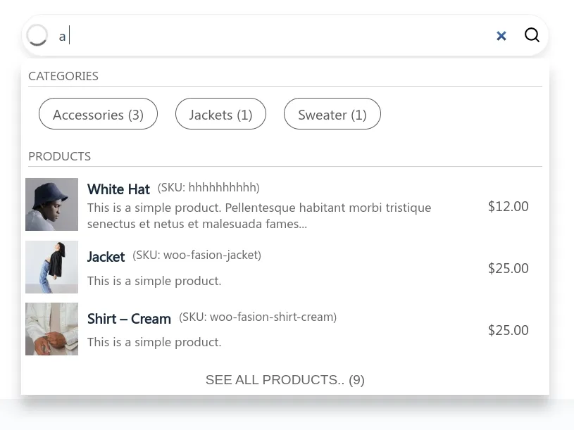 Woocommerce product live search plus