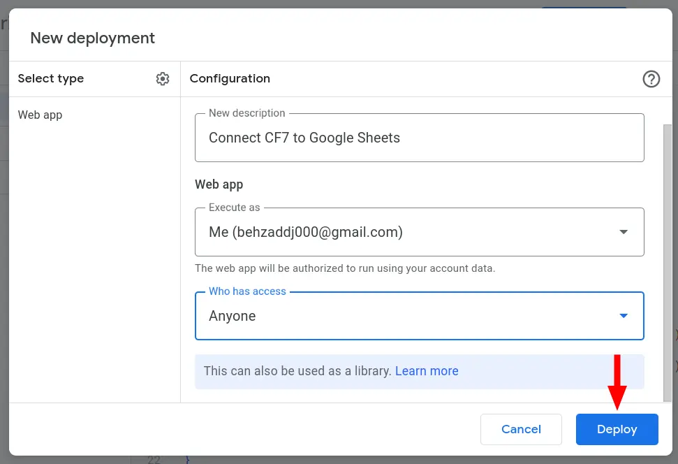 Deploy Google app to Connect CF7 to Google Sheets