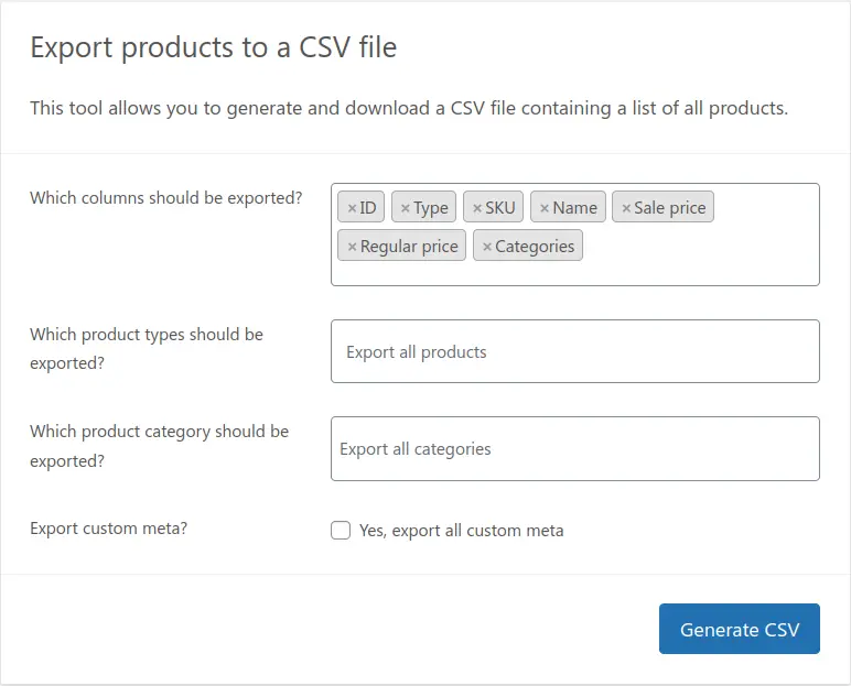 Export products to a CSV file