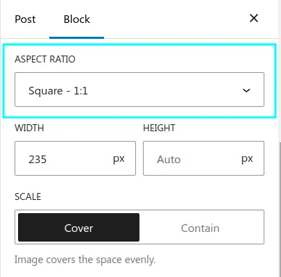 Set the aspect ratio of an image in wordpress to 1-1