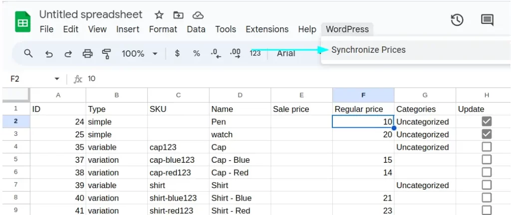 Synchronize Woocommerce Prices from google sheets