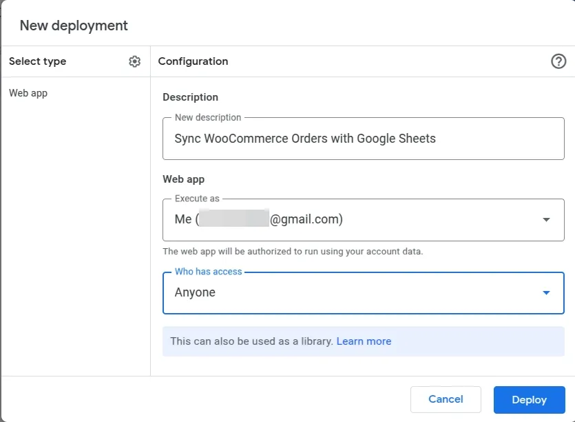 Deploy google apps scrips for syncing Woocommerce orders with google sheets