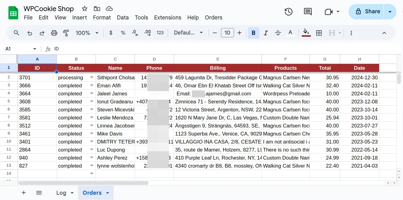 google sheets with woocommerce orders