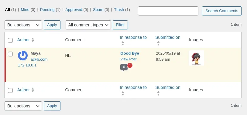 Comment section in the admin dashboard with an image column